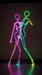 The image showcases a striking lineup of neon-lit mannequins in various dance poses, creating an illusion of movement and rhythm against a dark stage. AI generation