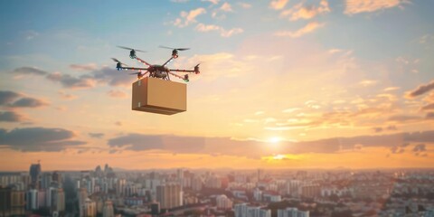 drone with cardboard box flying in the cloud, drone delivery concept 
