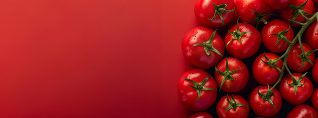 Top View of Fresh Tomatoes on a red background with copyspace