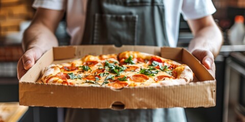 Obraz na płótnie Canvas Closeup fresh hot pizza with delivery man blur background 