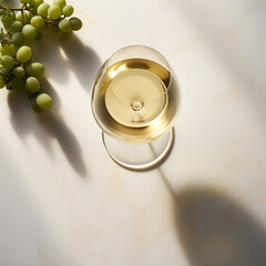 overhead view of white wine, white background, sunlight and grapes