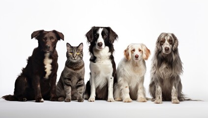 dogs and cats standing together in front of white background
