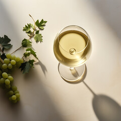 overhead view of white wine, white background, sunlight and grapes