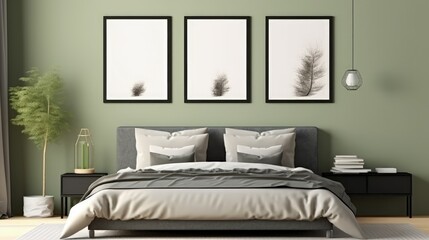 Elegant bedroom in boho style. Three empty photo frames hang on the sage-colored wall.