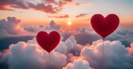 Rolgordijnen Two heart-shaped balloons float romantically against a dreamy cloudscape, backlit by a soft sunset glow. The image symbolizes love and serenity in the sky. AI generation © Anastasiia