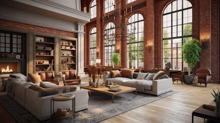 Luxury house open floor plan. Spacious living room with high ceiling, brick columns and fireplace. Furnished with leather furniture.