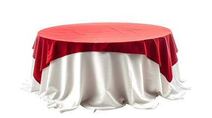 A round table covered with a red and white table cloth on isolated transparent background