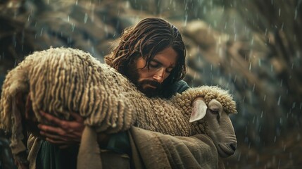 christianity concept, jesus holding recovered lost sheep in his arms, symbolizing faith and compassion in biblical story - obrazy, fototapety, plakaty