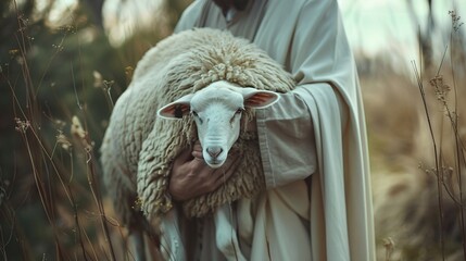biblical theme of salvation, jesus recovering lost sheep, carrying it tenderly in his arms with love and compassion