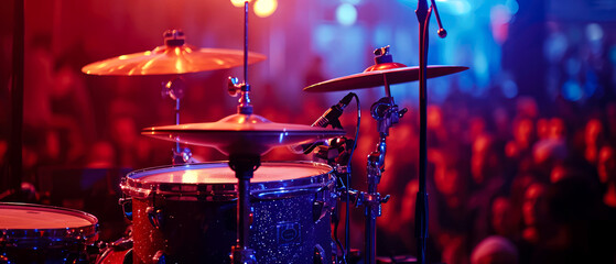 Professional drum set on concert stage with illuminating, spotlights, smoke effect. Music live session. Musician performance background. Poster illustration, banner, flyer.Generative ai