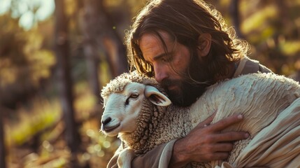 compassionate jesus carrying recovered lost sheep in his arms, biblical story of redemption and...