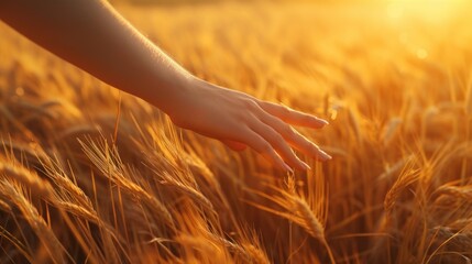 Woman's hand slide threw ears of wheat in sunset light