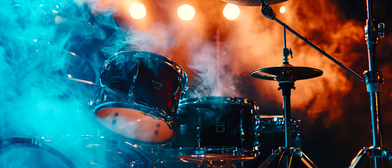 Professional drum set on concert stage with illuminating, spotlights, smoke effect. Music live session. Musician performance background. Poster illustration, banner, flyer. Generative ai