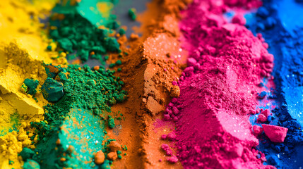 Vibrant colorful piles of yellow, pink, green, blue and orange pigment powders gather in vertical lines. Suitable for Holi festival presentations or banner design.