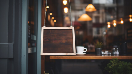 A blank wooden sign hangs at the entrance of a coffee shop - obrazy, fototapety, plakaty