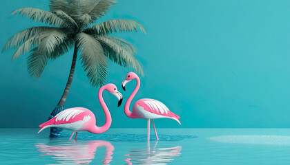 3D Rendering of a Pink Flamingo and Palm Tree Against a Blue Summer Background: Tropical Vibes Illustrated