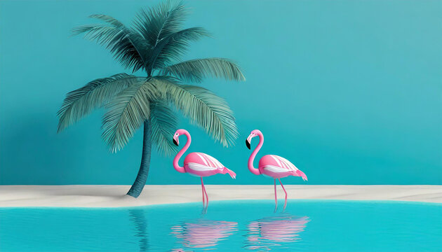 3D Rendering of a Pink Flamingo and Palm Tree Against a Blue Summer Background: Tropical Vibes Illustrated