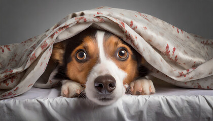 Frightened Dog Concealed Beneath a Blanket - obrazy, fototapety, plakaty