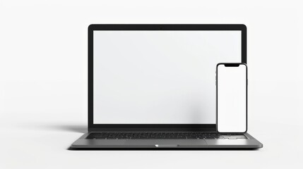 Blank laptop that look like macbook and blank iphone mockup with white screens isolated on white background