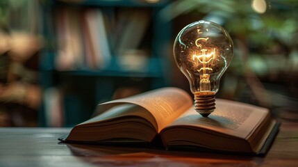 idea and inspiration from reading, light bulb glowing on book symbolizing innovation concept for self learning and education knowledge
