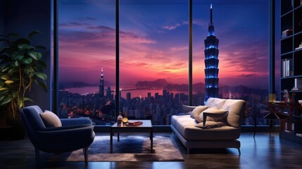 Modern interior design of living room, Taiwan, Taipei city skyline, purple and blue high contrast - obrazy, fototapety, plakaty