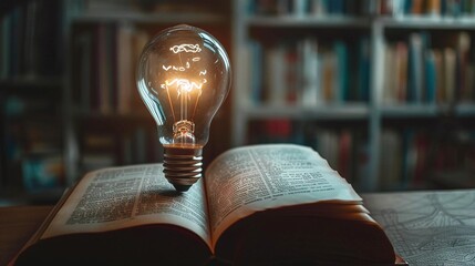 light bulb glowing on book, idea of inspiration from reading, innovation idea concept for self-learning or education knowledge and business studying
