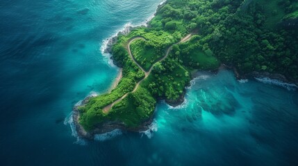 road surrounded by green tree on mountain at ocean edge, aerial view