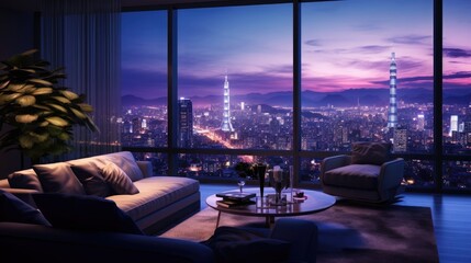 Modern interior design of living room, Taiwan, Taipei city skyline, purple and blue high contrast