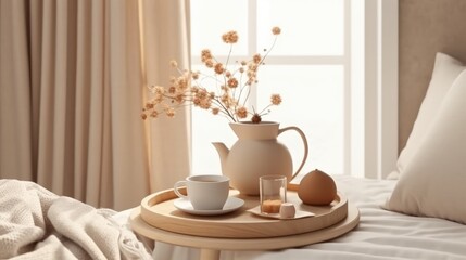 Fototapeta na wymiar An elegant Boho bedroom with a cup of coffee on a tray.