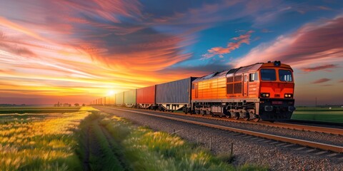 Freight train with cargo containers - obrazy, fototapety, plakaty