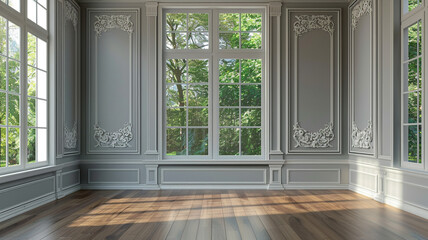 classical empty room with wooden floors and white window framing a nature view - obrazy, fototapety, plakaty