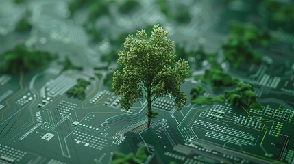green computing and technology ethics, tree on circuit board symbolizing IT sustainability and CSR innovation