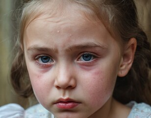 A young girl with blue eyes. She is looking down and she is sad