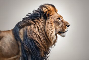 Male lion's side portrait isolated on a white background.