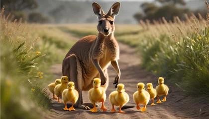 Foto auf Acrylglas Antireflex A playful kangaroo with a pouch full of rubber ducklings © Dragon Stock