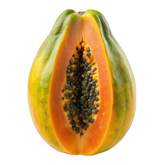 Isolated Fresh Papaya on White Background with Seeds, Ripe Half Cut, Exotic Tropical Fruit, Juicy and Delicious