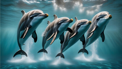 A pod of dolphins engaging in a synchronized swimming routine - obrazy, fototapety, plakaty