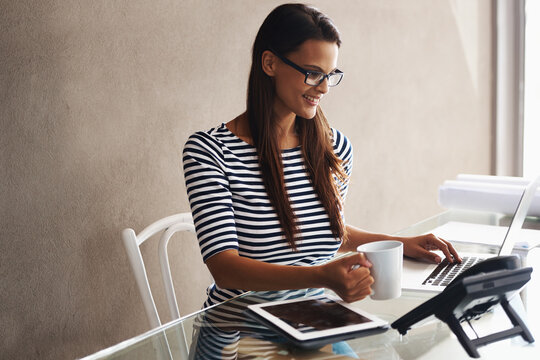 Woman, Desk And Laptop With Blueprints For Interior Design Or Creative Career, Happy And Working On Project With Computer. Online, Search And Plan Project With Digital Technology And Information