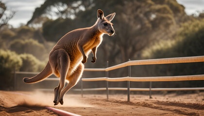A skilled kangaroo hopping through a series of hurdles, displaying its powerful hind legs and agility - Powered by Adobe