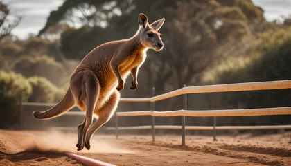 Selbstklebende Fototapeten A skilled kangaroo hopping through a series of hurdles, displaying its powerful hind legs and agility © Dragon Stock