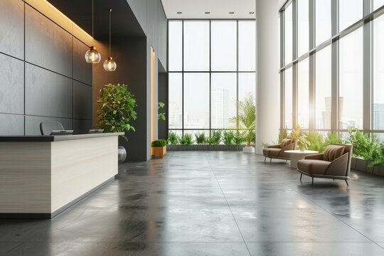 Spacious modern lobby with green plants - Showcasing a large modern lobby with natural light and greenery, symbolizing corporate eco-friendliness