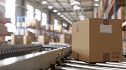 seamless cardboard box packages moving on conveyor belt in ecommerce fulfillment center, snapshot of delivery automation and logistics for products