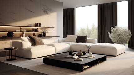 Modern living room with design furniture sofa couch light interior furniture white black relax in luxury cocooning