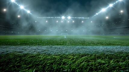 soccer game in football stadium arena with spotlight, sport background, green grass field for competition champion match