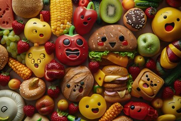 Fototapeta na wymiar Expressive Food Characters with Emotional Faces - A fun and creative depiction of different food items including bread, fruits, and vegetables, each with unique facial expressions conveying emotions