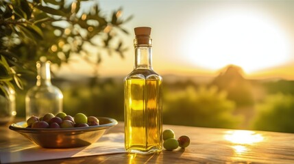 Freshly squeezed olive oil in a bottle, on a wooden table, in close-up, against the backdrop of olive trees.