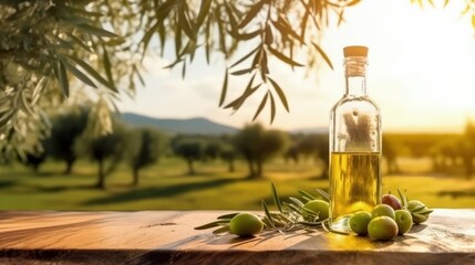 Freshly squeezed olive oil in a bottle, on a wooden table, in close-up, against the backdrop of olive trees.