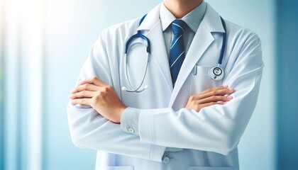 Raw Photography a doctor in a white coat with a stethoscope around the neck. The doctor's arms are crossed, and he is wearing a blue tie white background
