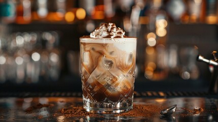 delicious rattlesnake cocktail with coffee and cocoa liquor, irish cream, ground coffee and ice in glass, served on dark bar counter background with essential bar tools and bottles