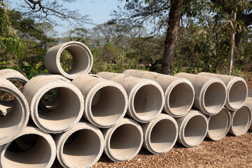 Concrete tube for Construction in nature background.